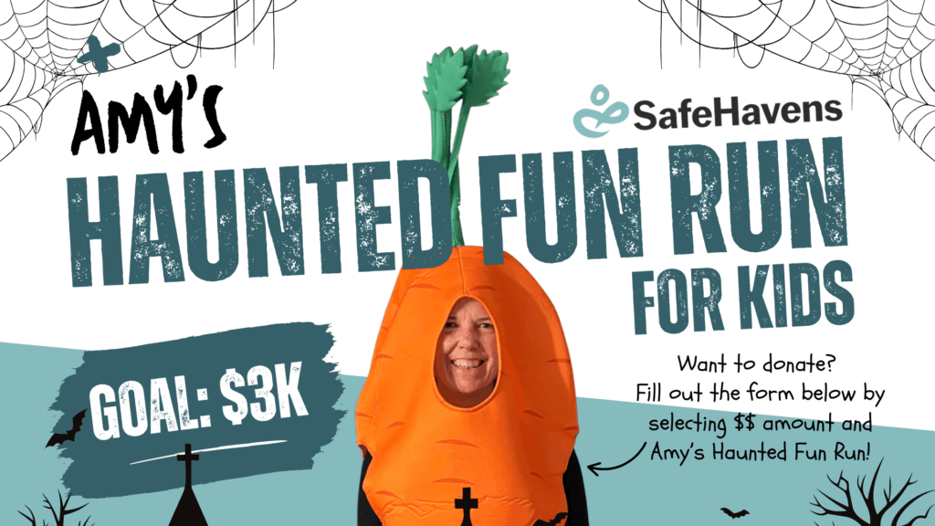 Amy's Haunted Fun Run For Kids is written in greens on a white background. A woman is smiling, dressed in a carrot costume.