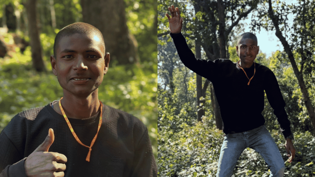Two photos of Jayram, an 18 year old Nepalese man, with a black shirt and a kind smile.