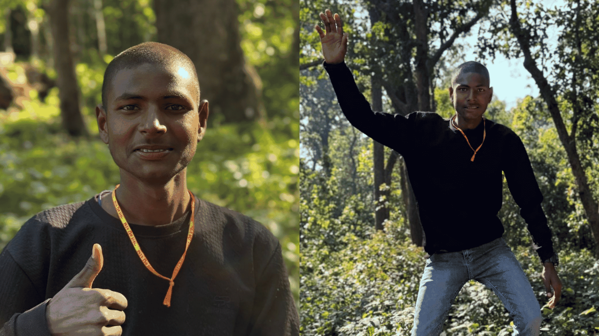 Two photos of Jayram, an 18 year old Nepalese man, with a black shirt and a kind smile.