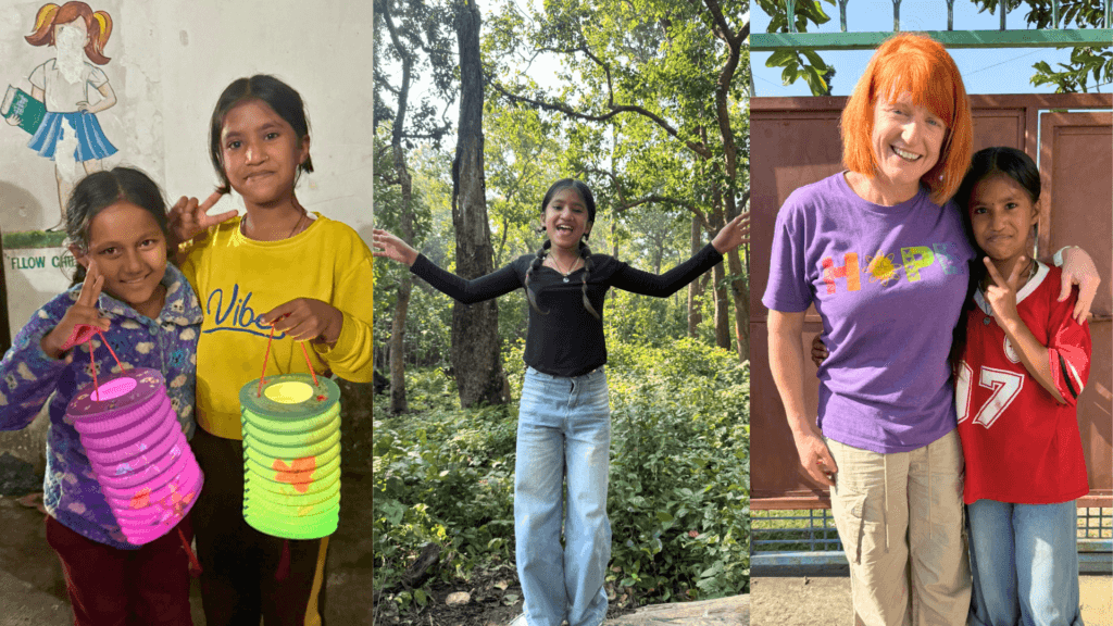 Three images of Junu. On the left she wears a yellow shirt and poses with a friend, both holding lanterns. The middle photo she wears a black long-sleeved shirt and jeans and has her arms out with green trees behind her. She is smiling. The one on the right, she stands with a red-headed woman, Dr Bobbie, and they are both smiling.