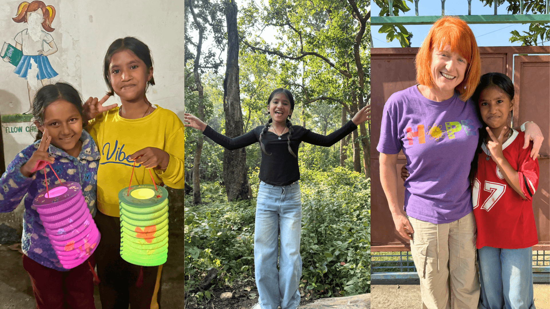 Three images of Junu. On the left she wears a yellow shirt and poses with a friend, both holding lanterns. The middle photo she wears a black long-sleeved shirt and jeans and has her arms out with green trees behind her. She is smiling. The one on the right, she stands with a red-headed woman, Dr Bobbie, and they are both smiling.