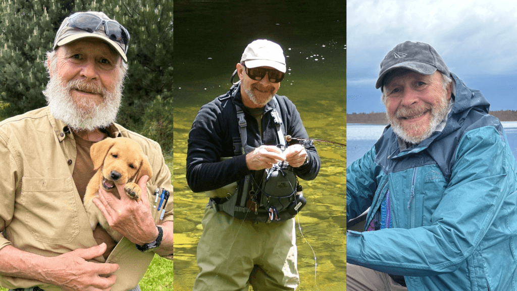 Three photos of Board Director Ray. On the left he is standing outside holding a Golden Retriever puppy. In the middle he's standing in water, with sunglasses on and a smile and on the right he dons a blue jacket as he smiles at the camera.