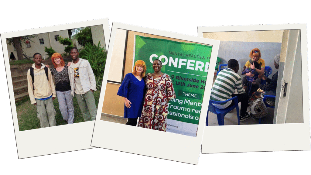 Three photos of Dr Bobbie Legg displayed in polaroid frames