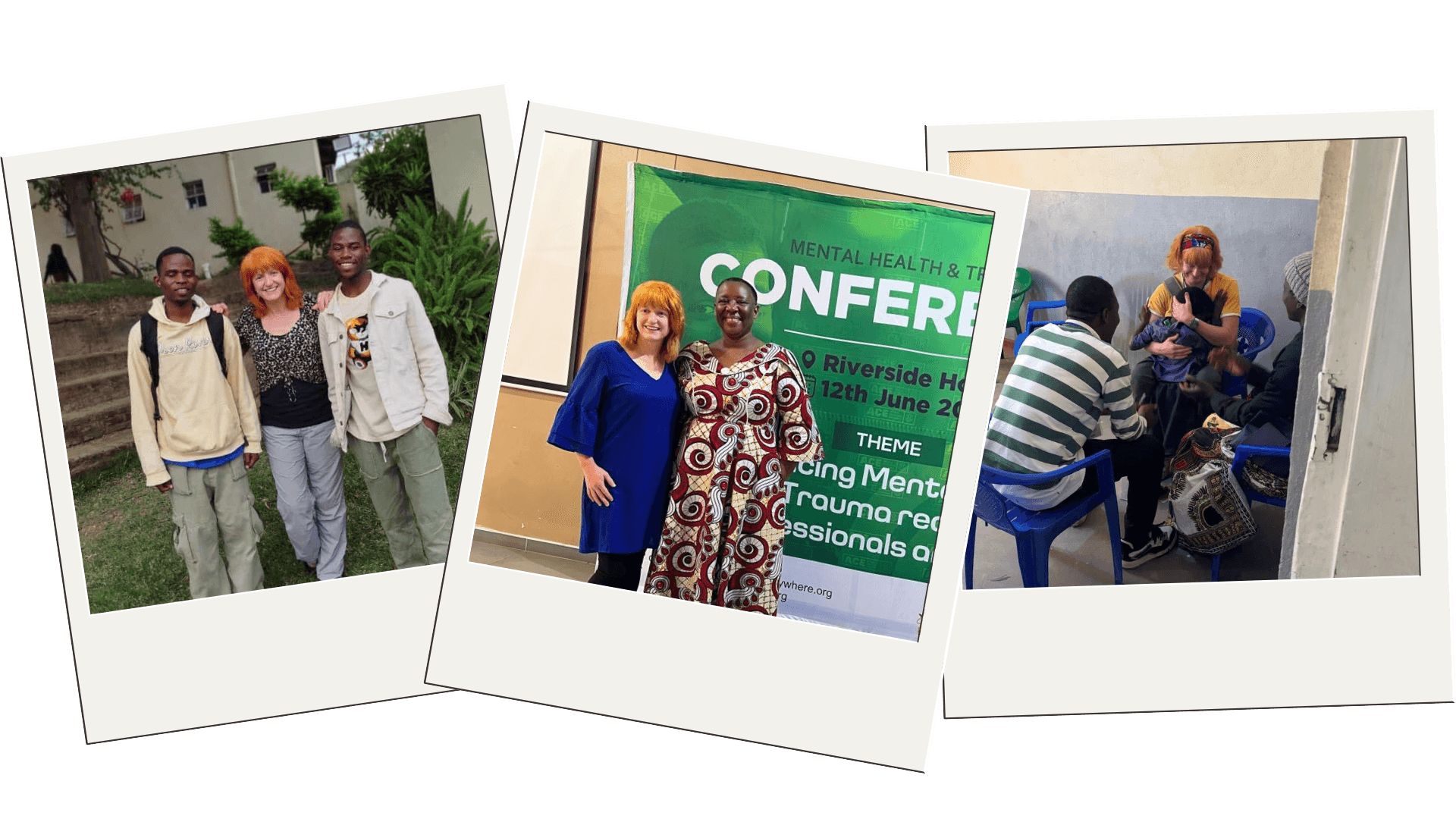 Three photos of Dr Bobbie Legg displayed in polaroid frames